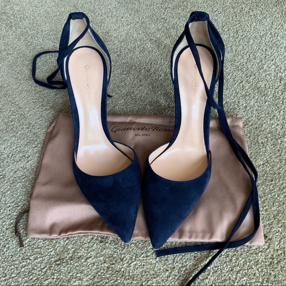 Gianvito Rossi Blue Suede Dorsay Ankle Strap Heels - Picture 7 of 13